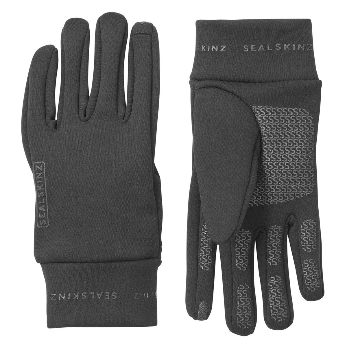 Men's water-repellent nano fleece gloves, dark black, full fingers with logo on cuff