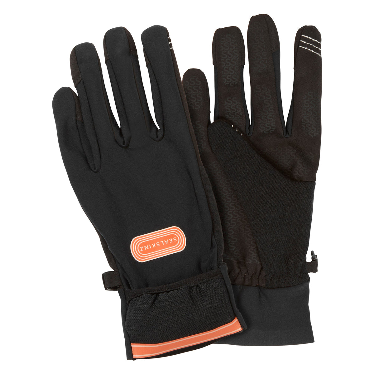Black water-repellent running gloves with convertible cuffs and orange logo patch