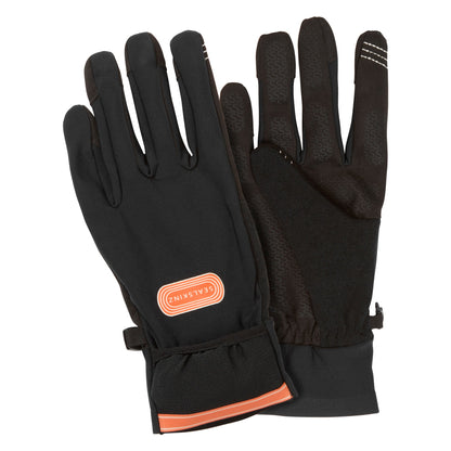 Black water-repellent running gloves with convertible cuffs and orange logo patch