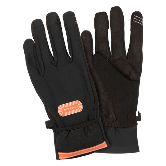 Black water-repellent running gloves with convertible cuffs and orange logo patch