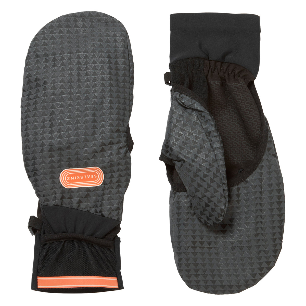 Dark patterned running gloves with convertible cuff and orange wrist stripe