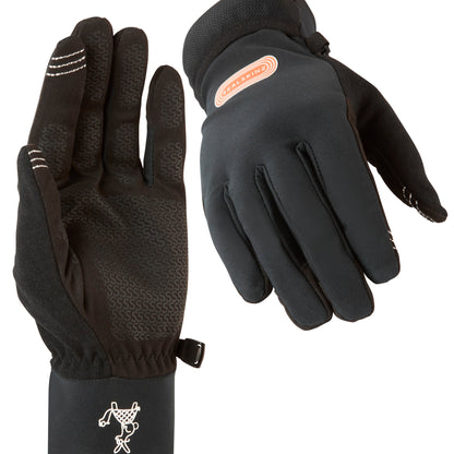 Black running gloves with textured palm, adjustable cuff strap, and orange logo