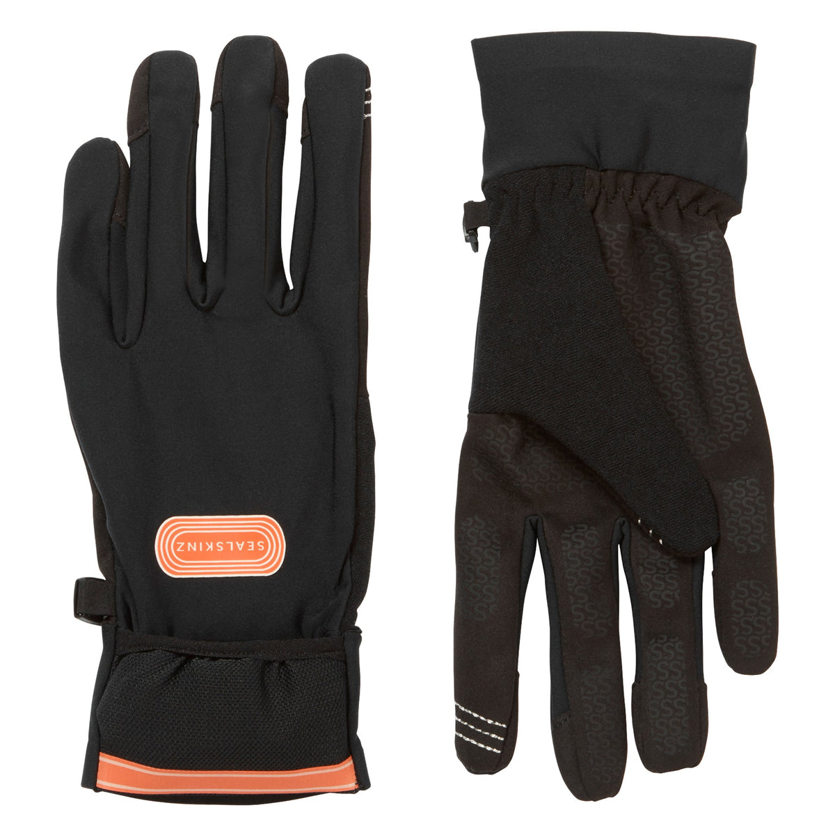 Black running gloves pair with convertible cuff and orange trim at wrist hem