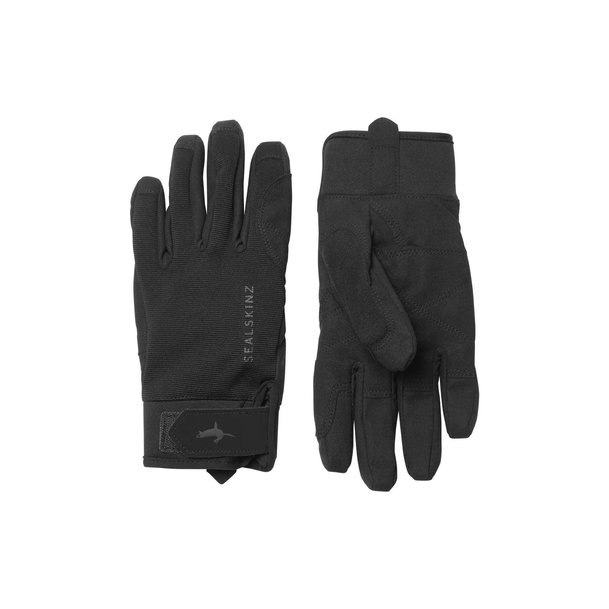 Black fabric gloves with padded knuckles and snug wrist cuffs, two-piece view