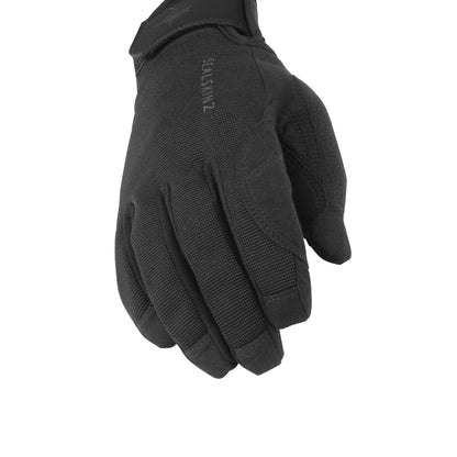 Black textured gloves with thick knuckle padding and stitched finger panels, side view