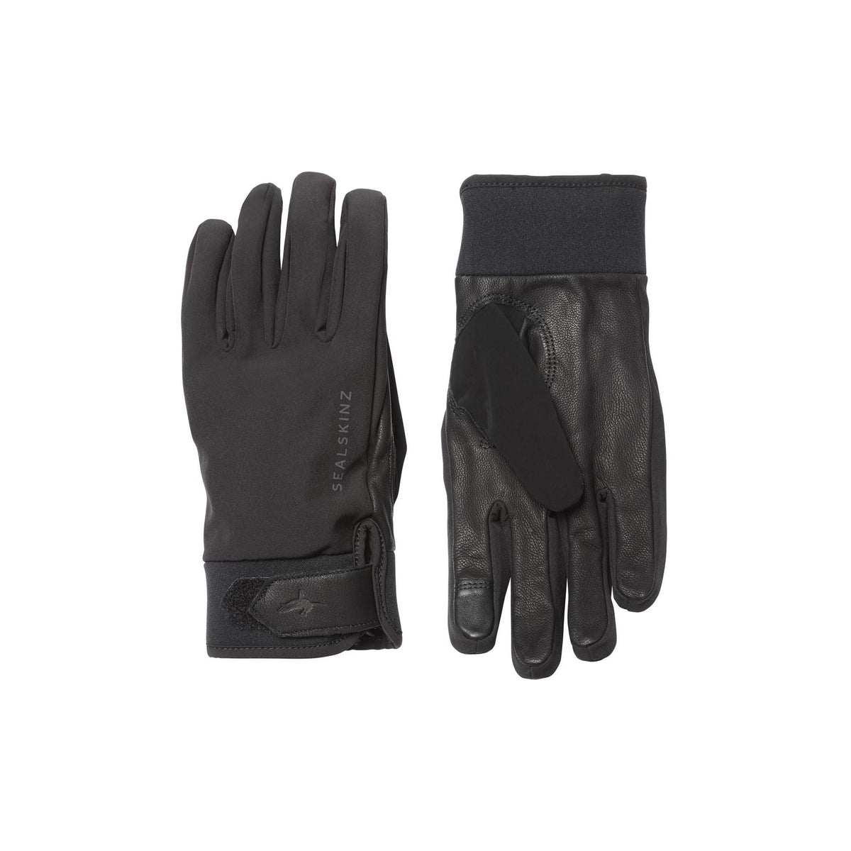 Black waterproof insulated gloves with padded cuff and leather palm panel