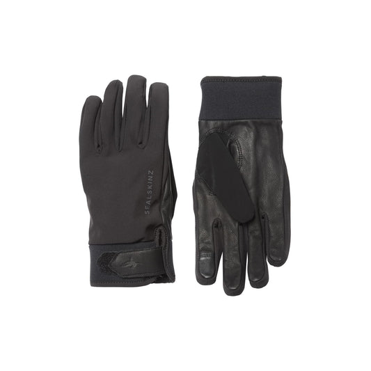 Black waterproof insulated gloves with padded cuff and leather palm panel