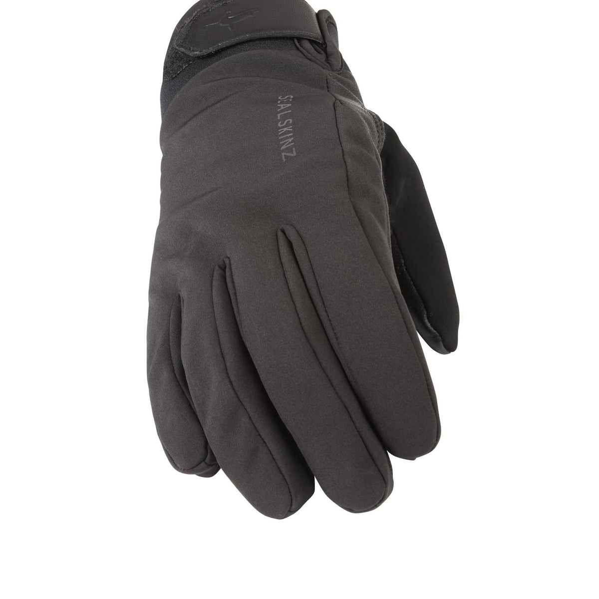 Black insulated gloves with stitched knuckle padding and thumb grip panel