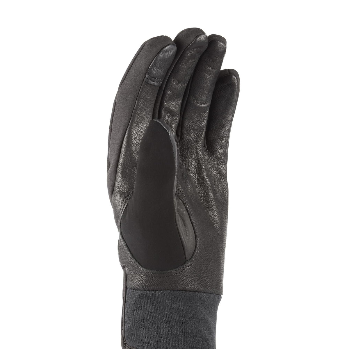 Black leather-textured gloves with curved grip panels and wrist cuff