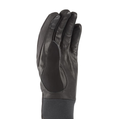 Black leather-textured gloves with curved grip panels and wrist cuff