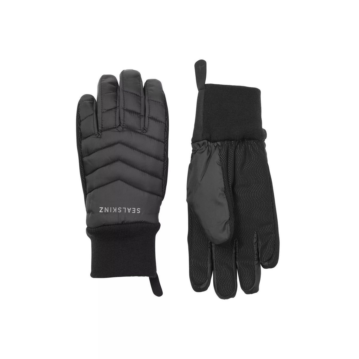 Black insulated thermal gloves with padded knuckle and chevron quilted design