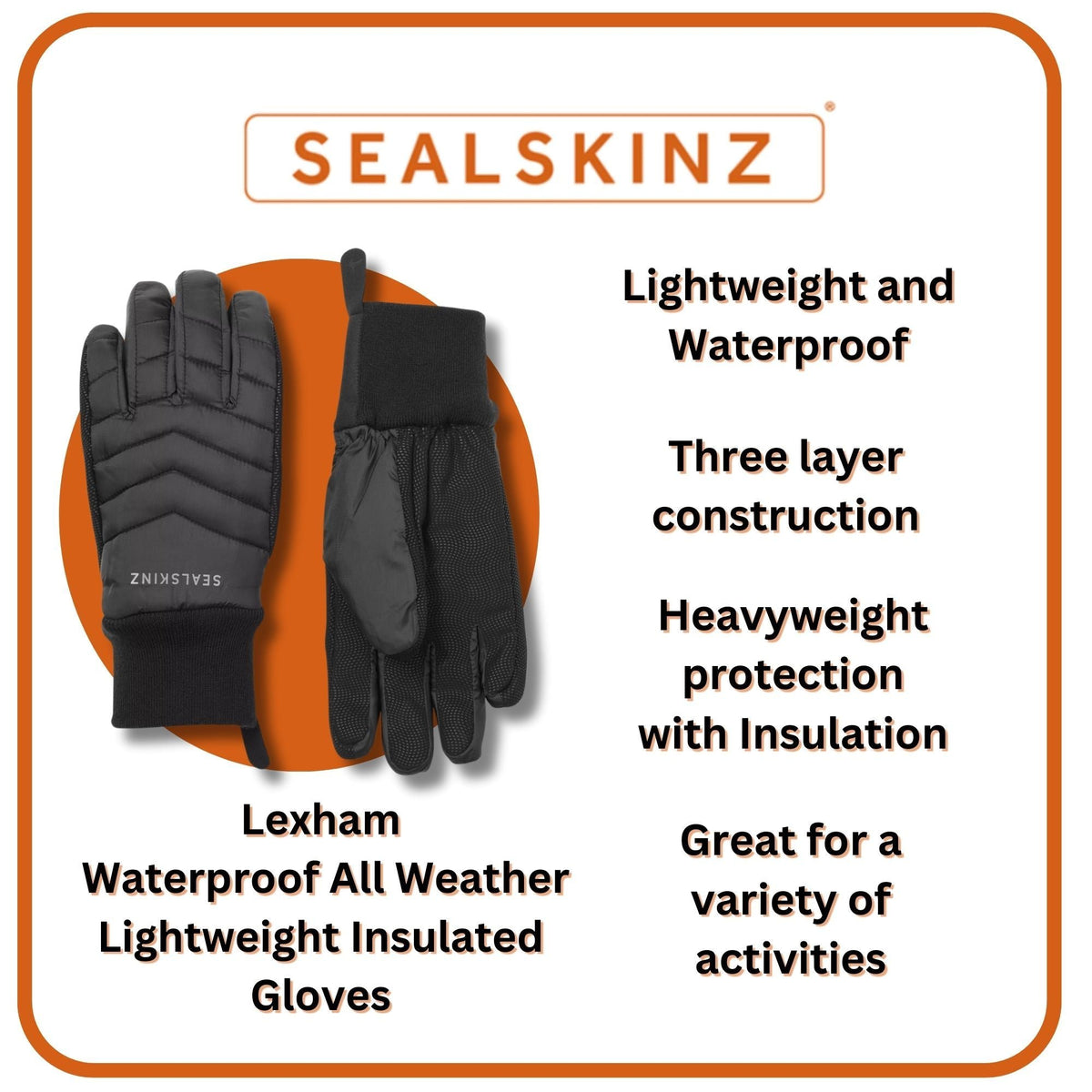 Black insulated thermal gloves, padded three-layer construction and textured palm