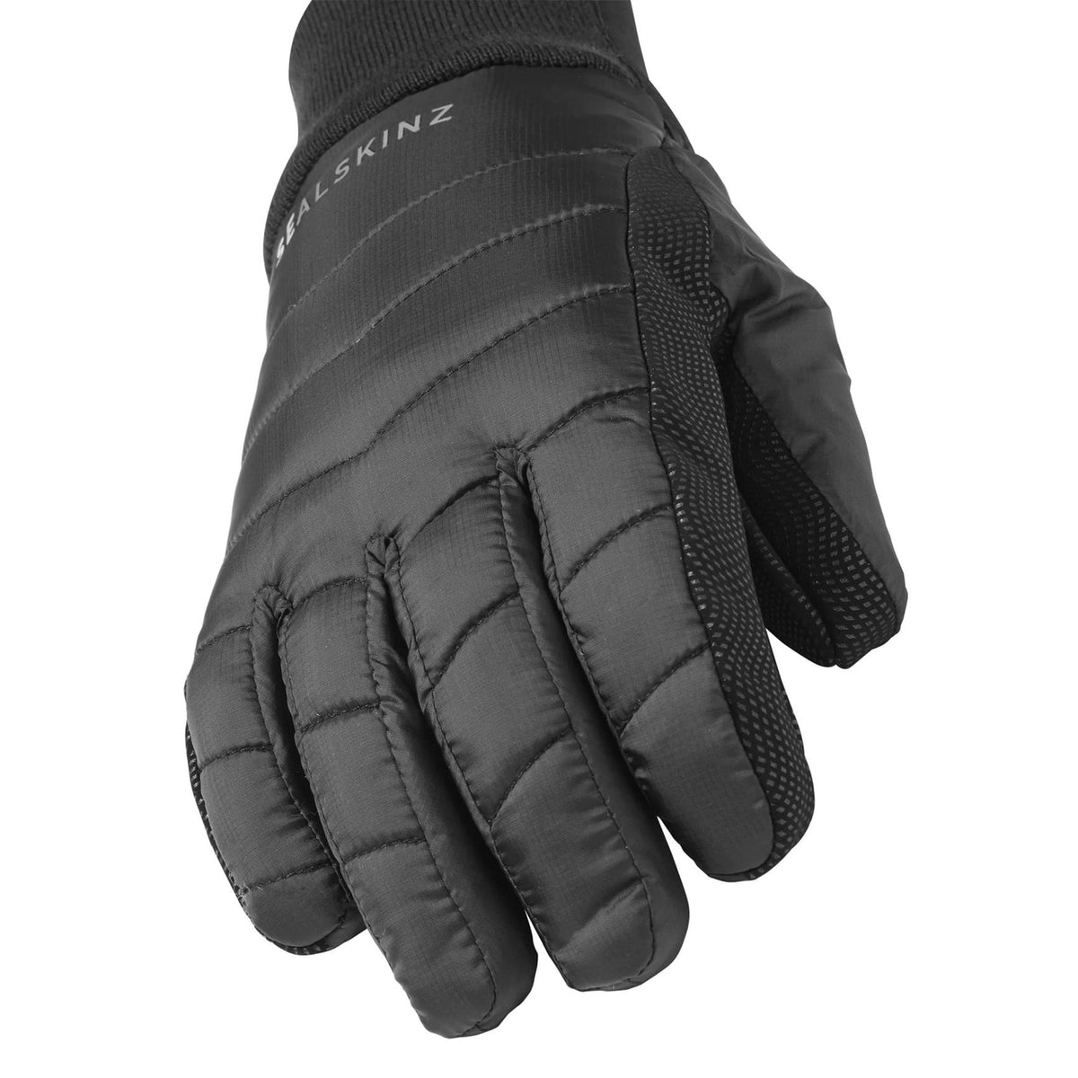 Black insulated glove with quilted fingers and knuckle padding, elastic knit cuff