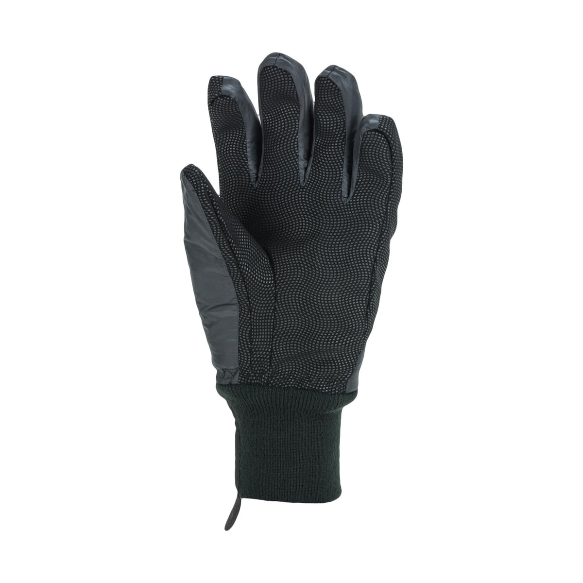 Black gloves with textured grip palm and ribbed knit cuff, insulated padding
