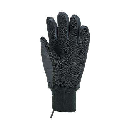 Black gloves with textured grip palm and ribbed knit cuff, insulated padding