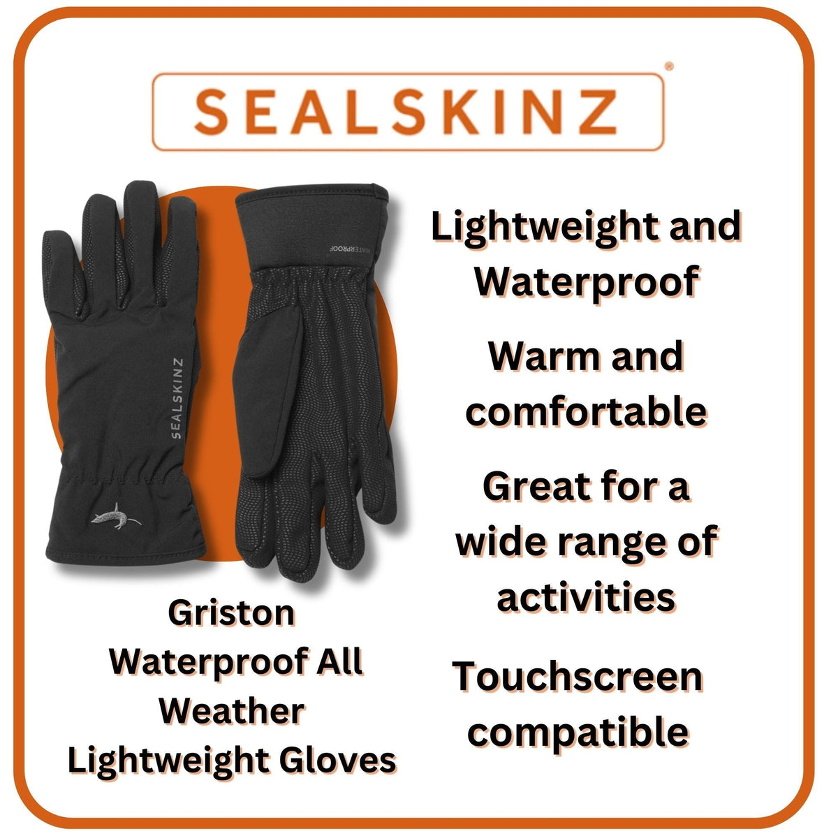 Black lightweight waterproof gloves with elastic cuff and textured knuckle panel