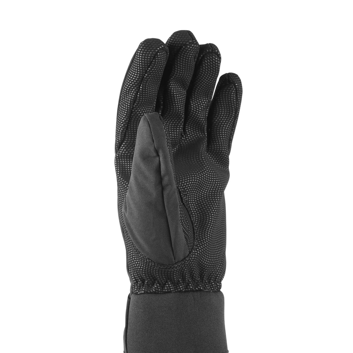 Black glove back view with textured finger panels and padded palm section