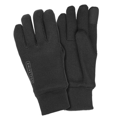 Black knitted gloves with ribbed cuffs and Sealskinz logo on palm