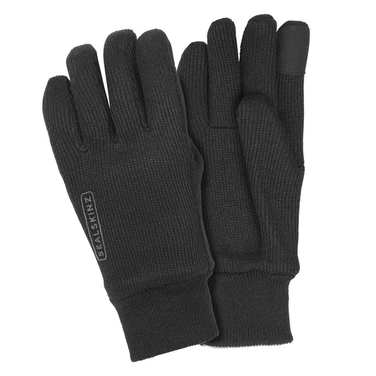 Black knitted gloves with ribbed cuffs and Sealskinz logo on palm