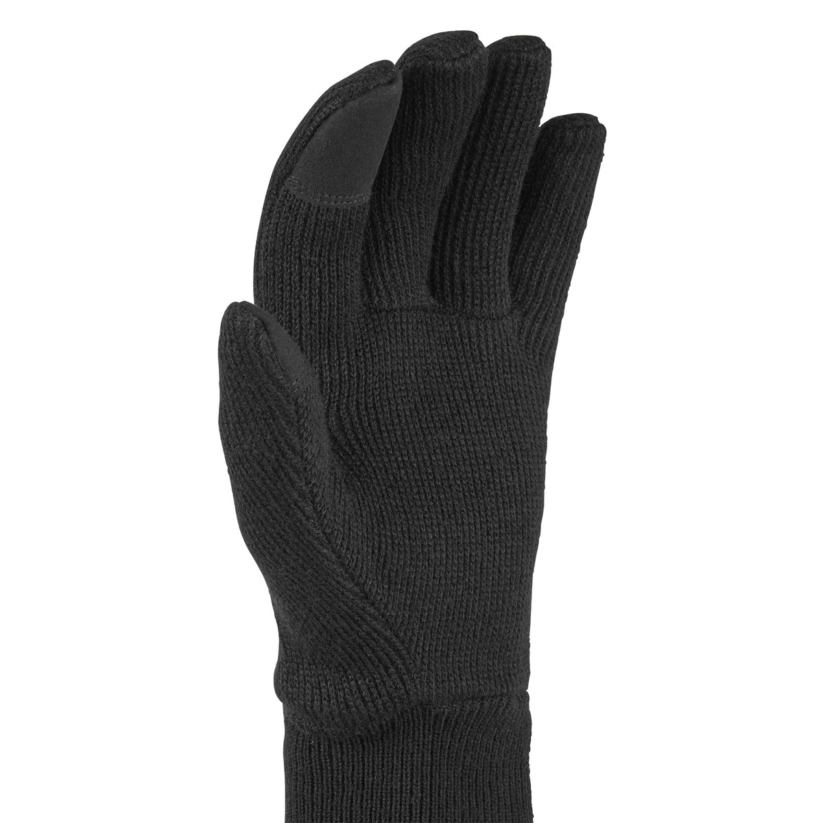 Black knitted glove with ribbed cuff and textured back panel