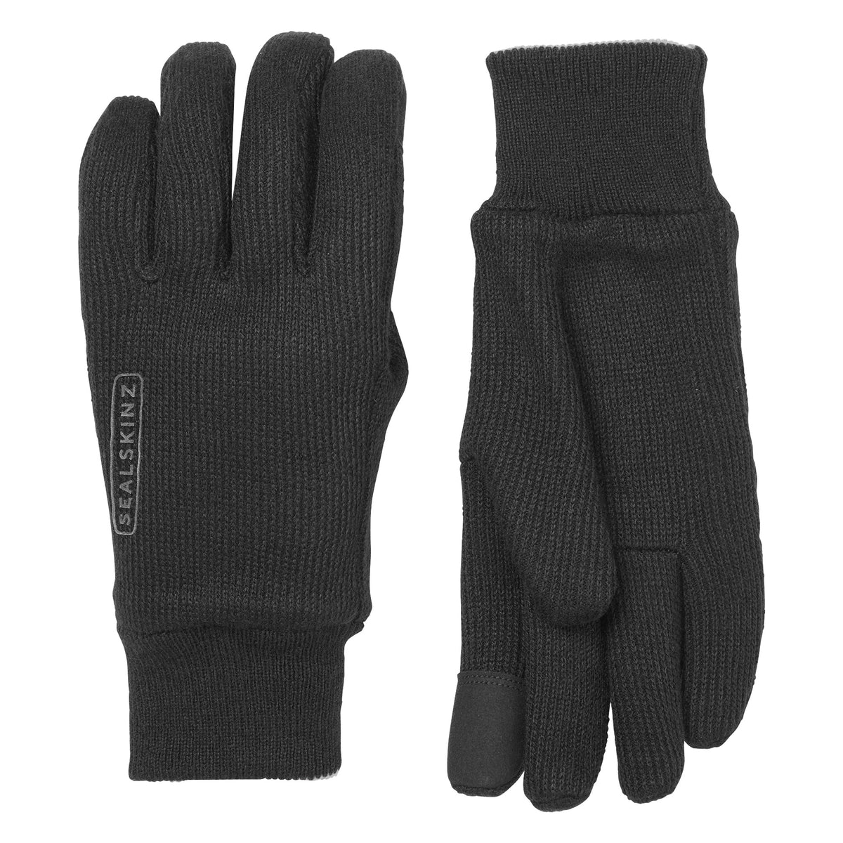 Black knitted gloves with ribbed cuffs, front and back views