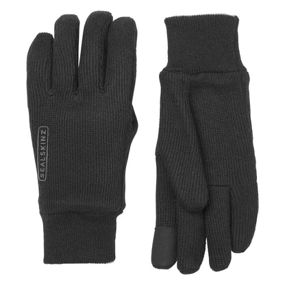 Black knitted gloves with ribbed cuffs, front and back views