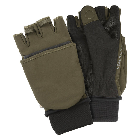 Olive windproof convertible mittens with black mesh back and adjustable wrist cuffs