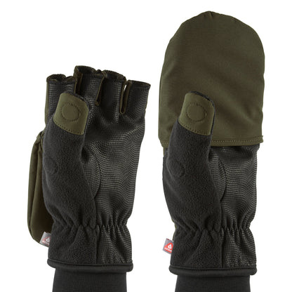 Black fleece-backed windproof convertible mittens with olive thumb patch and cuff