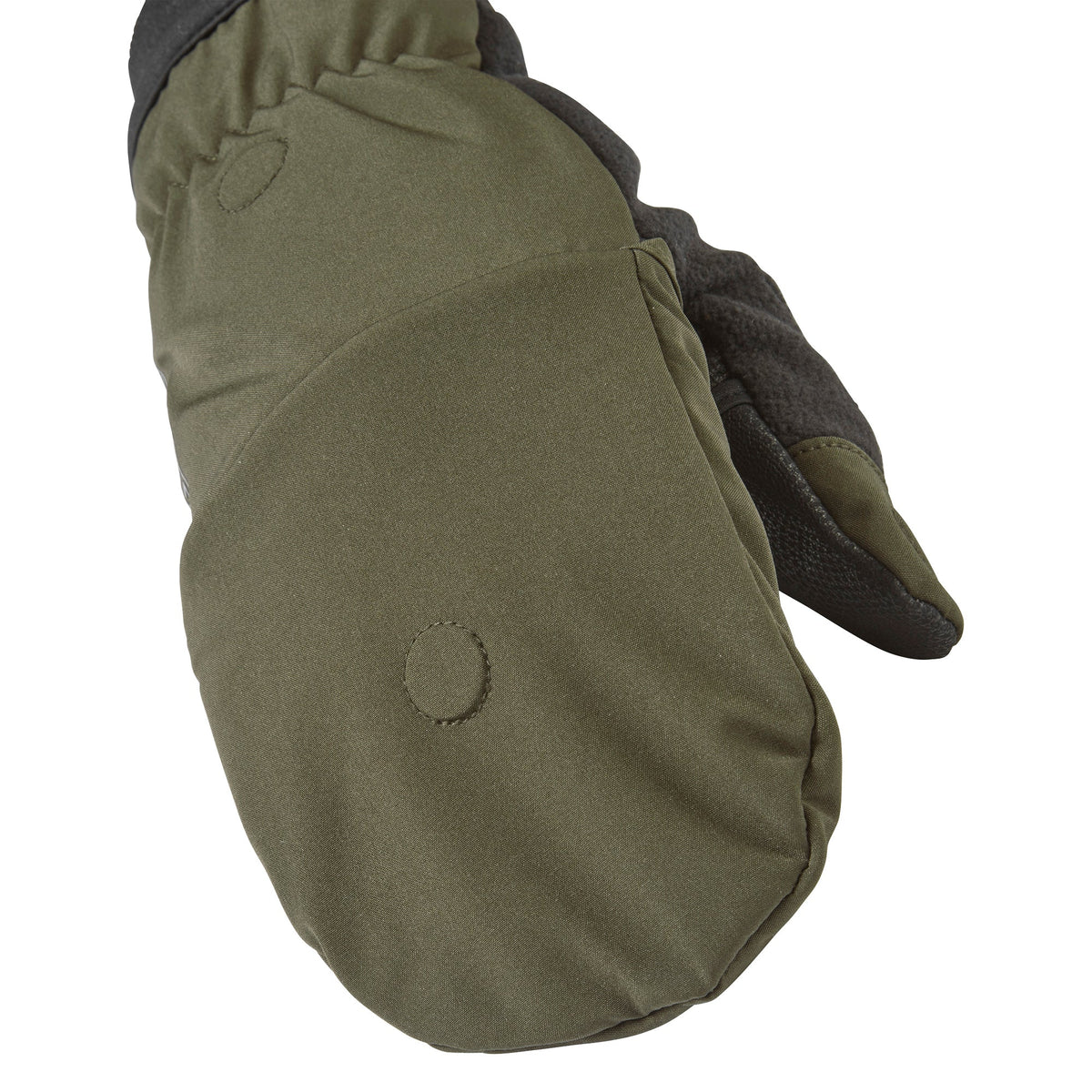 Olive windproof convertible mitten with thumb panel and black textured underside