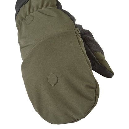 Olive windproof convertible mitten with thumb panel and black textured underside