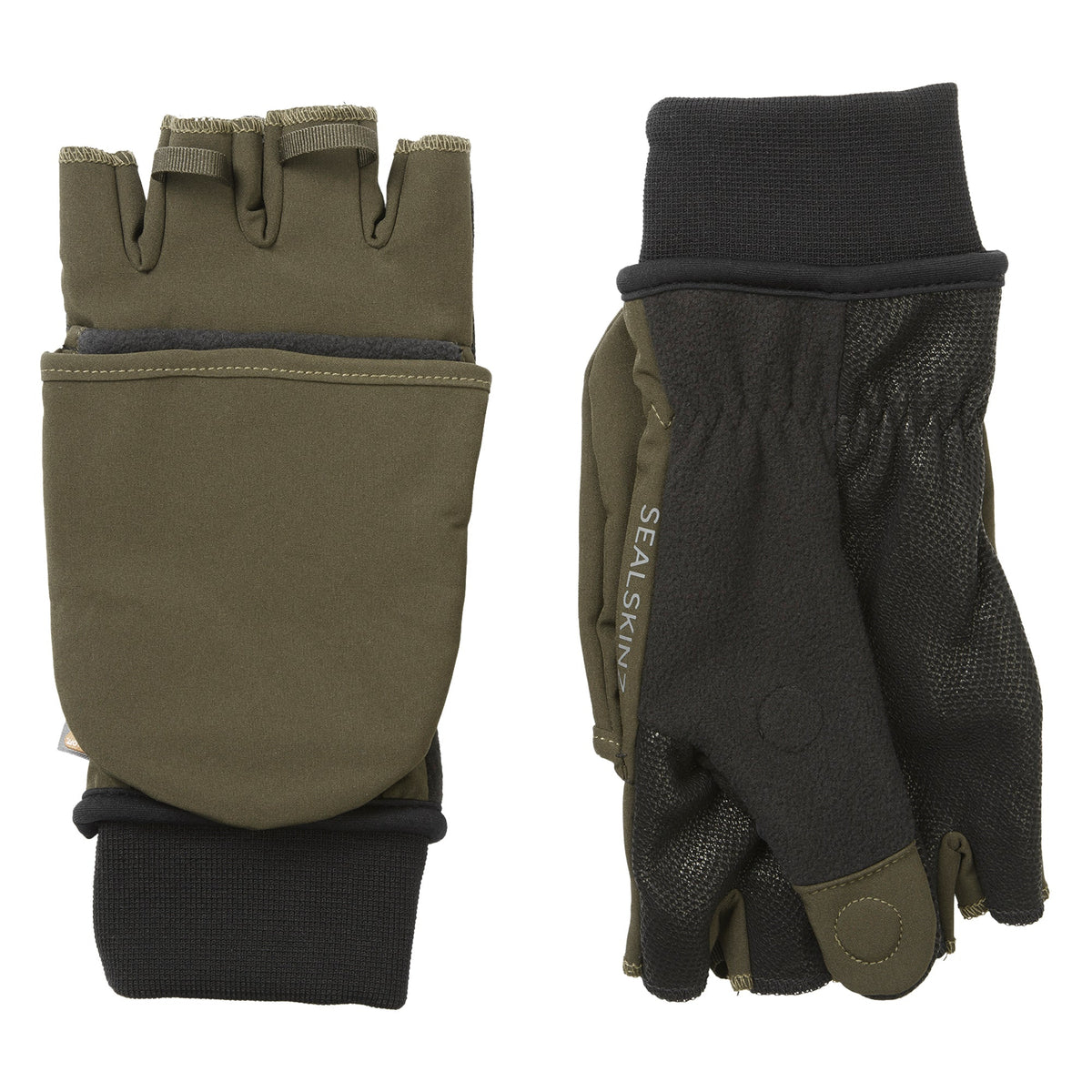 Olive and black windproof convertible mittens showing thumb area and wrist cuff