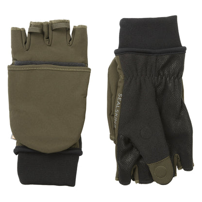Olive and black windproof convertible mittens showing thumb area and wrist cuff