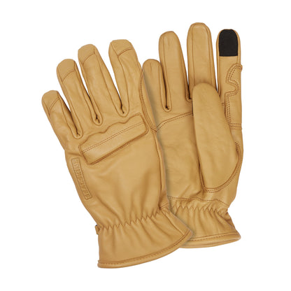 Tan waterproof cold-weather work gloves with padded knuckles and stitched fingertips