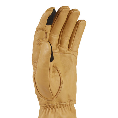 Tan work gloves with curved thumb panel, knit cuff, and contrast black grip insert