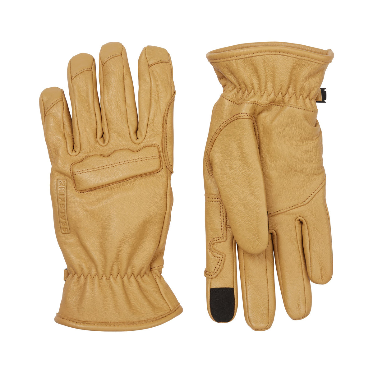Tan cold-weather work gloves, one palm up, with elastic wrist cuff and finger seams
