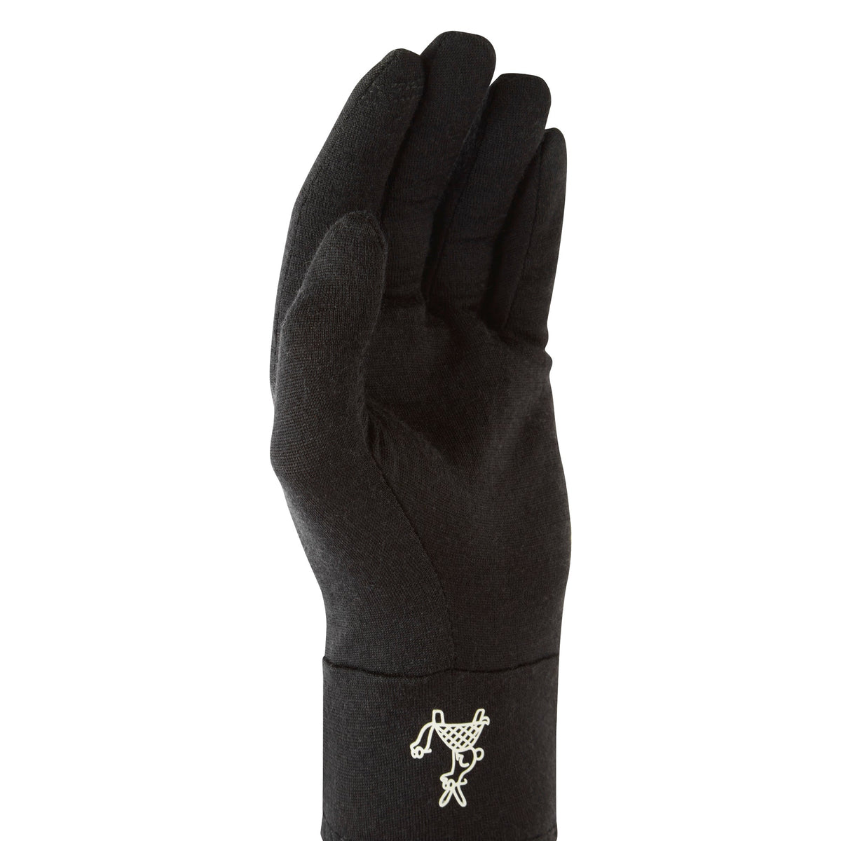 Black merino running glove with small white hoof logo cuff, rear view