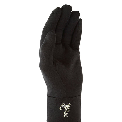 Black merino running glove with small white hoof logo cuff, rear view