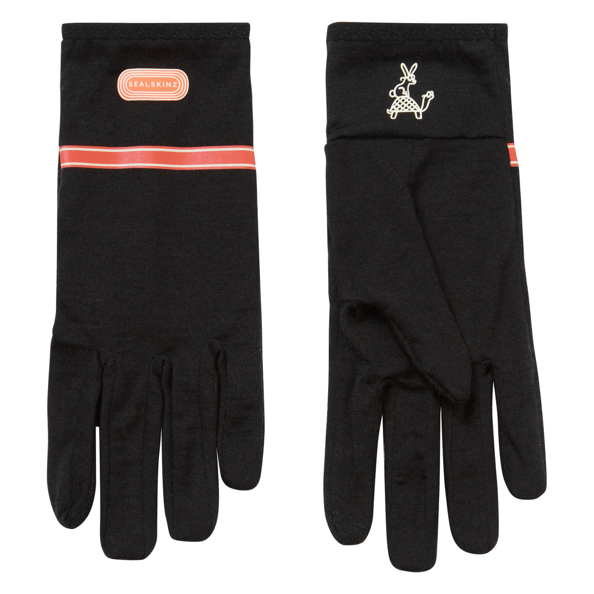 Pair of black merino running gloves with red stripe, SealSkinz logo and hoof emblem