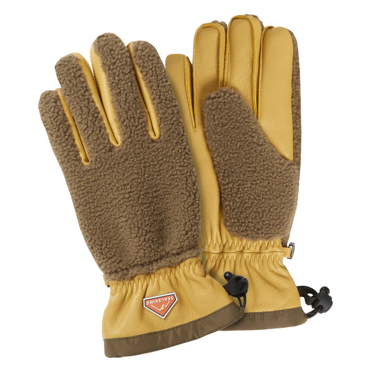 Brown and tan waterproof sherpa fleece hiking gloves with adjustable wrist drawstring