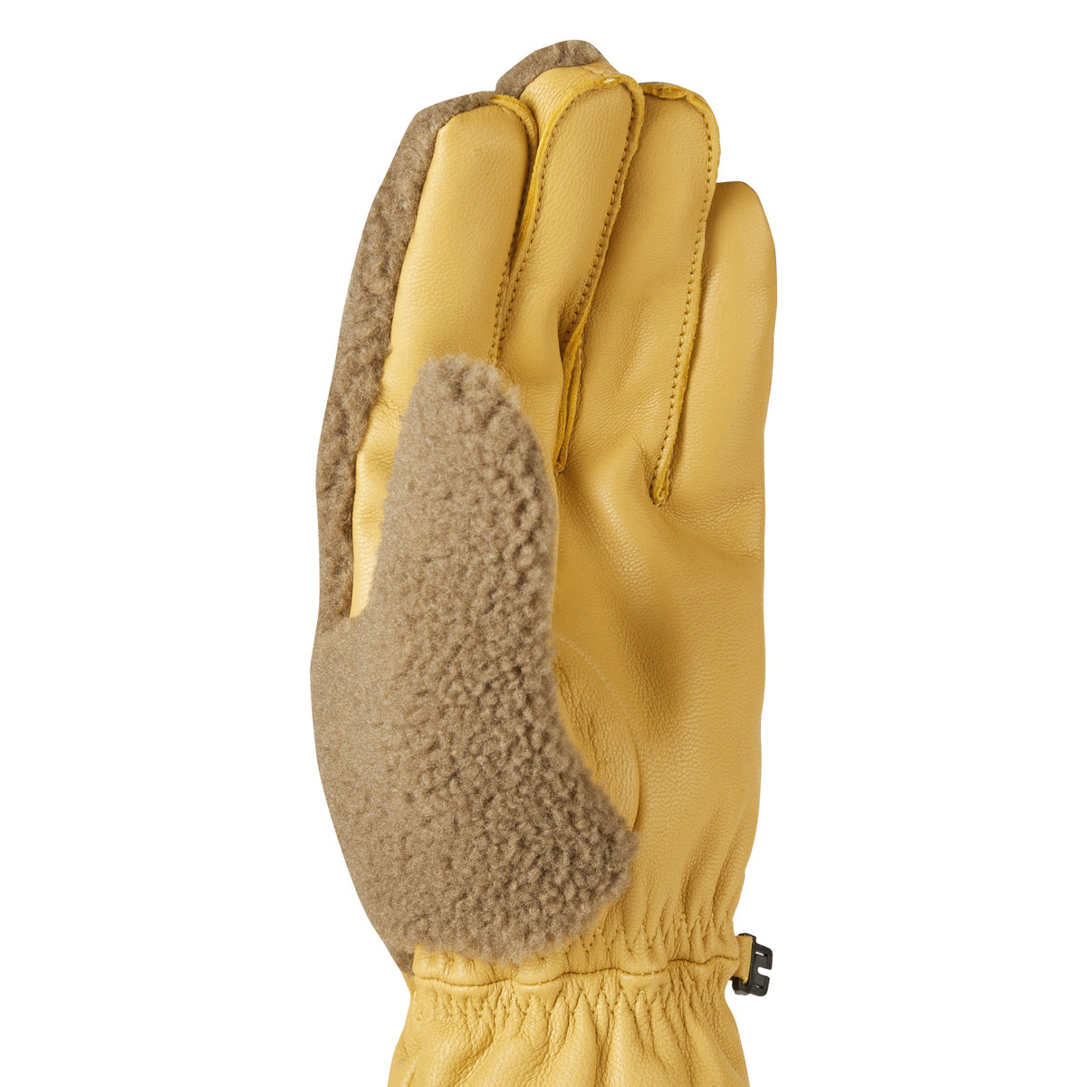Tan waterproof sherpa fleece hiking glove with brown fleece palm and cuff cinch