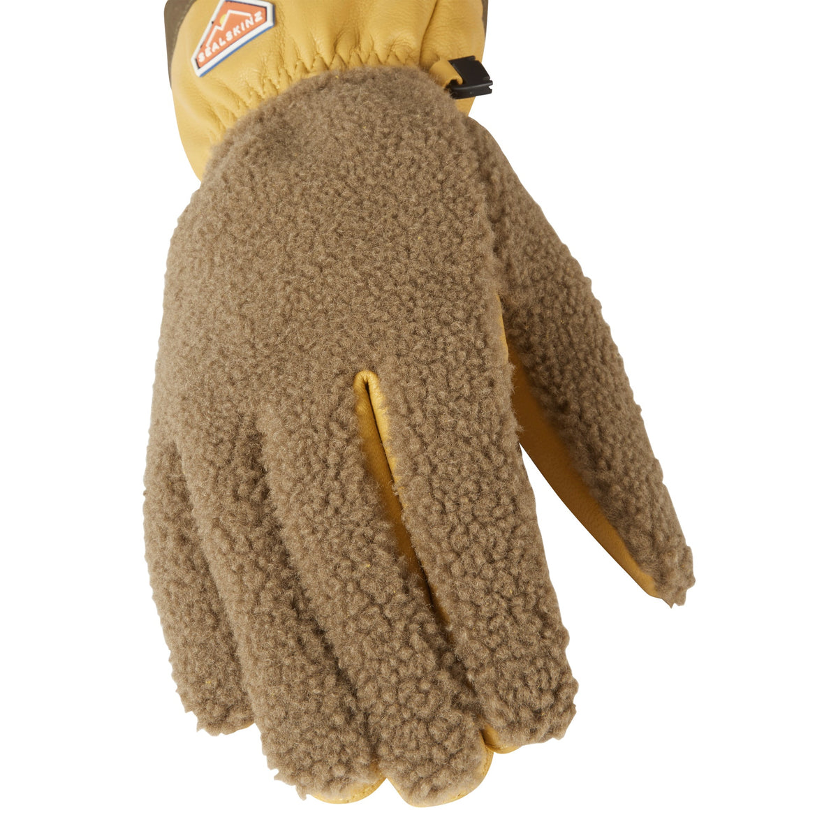 Brown sherpa fleece palm waterproof hiking glove with tan top and snap cuff