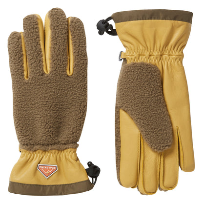 Tan and brown waterproof sherpa fleece hiking gloves, one pair with wrist cinch straps