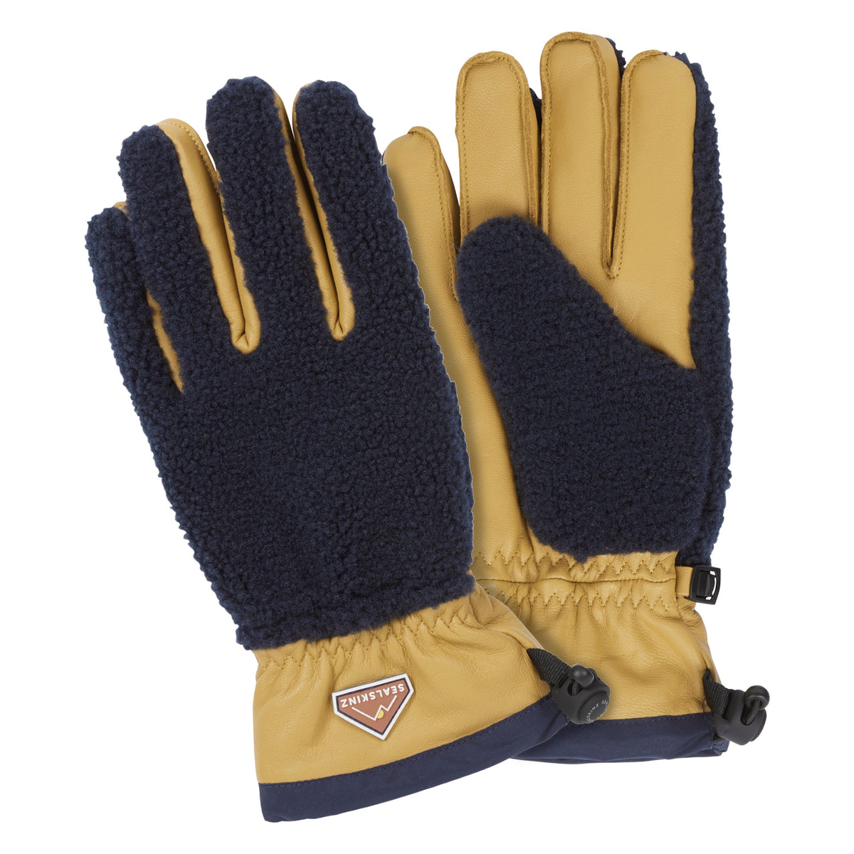 Navy and tan waterproof sherpa fleece hiking gloves with adjustable wrist drawstring