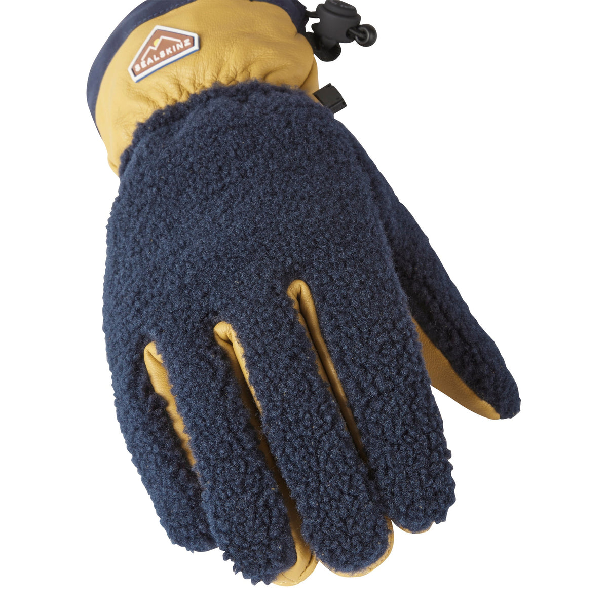Navy waterproof sherpa fleece hiking glove with tan palm tips and wrist strap fasteners