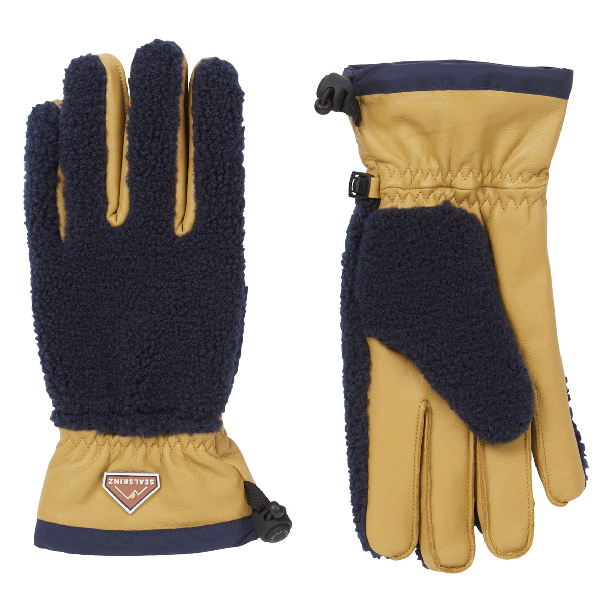 Navy palm and tan back waterproof sherpa fleece hiking gloves with wrist cinch straps