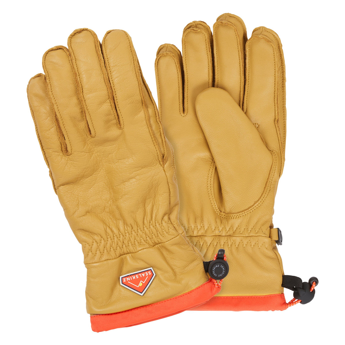 Tan waterproof leather hiking gloves with orange cuff and adjustable wrist strap