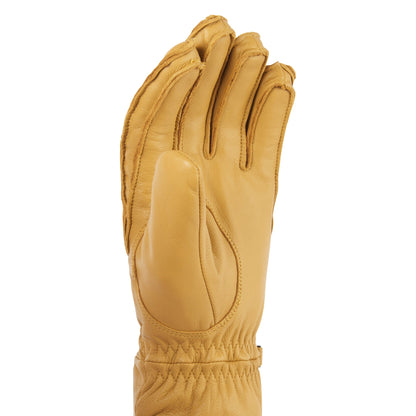 Tan waterproof leather hiking glove with reinforced palm and curved thumb panel
