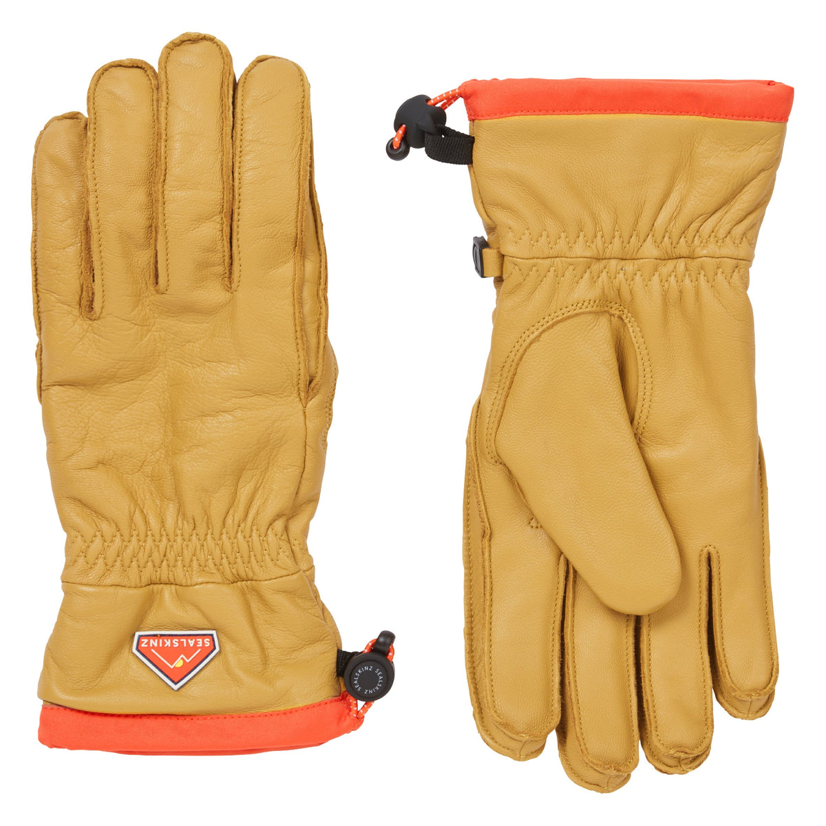 Pair of tan waterproof leather hiking gloves with orange cuff and black wrist closures
