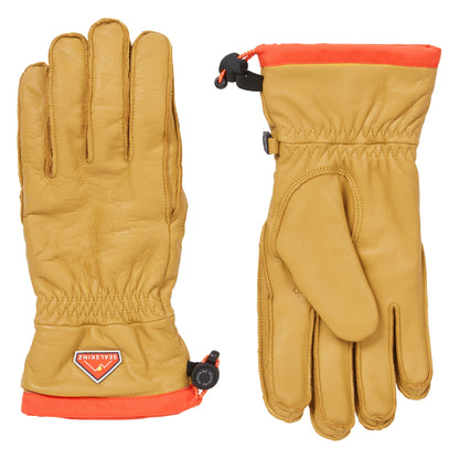 Pair of tan waterproof leather hiking gloves with orange cuff and black wrist closures
