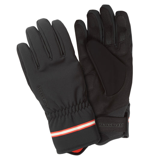 Black waterproof winter cycling gloves with reflective red stripe, full-finger design